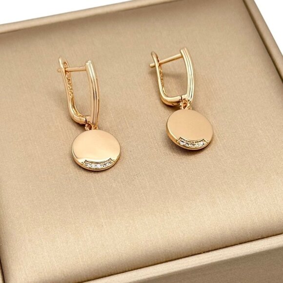 NWT Round Charm Drop Huggie Earrings 14K Rose Gold Plated CZ Pave Minimalist - Picture 2 of 10